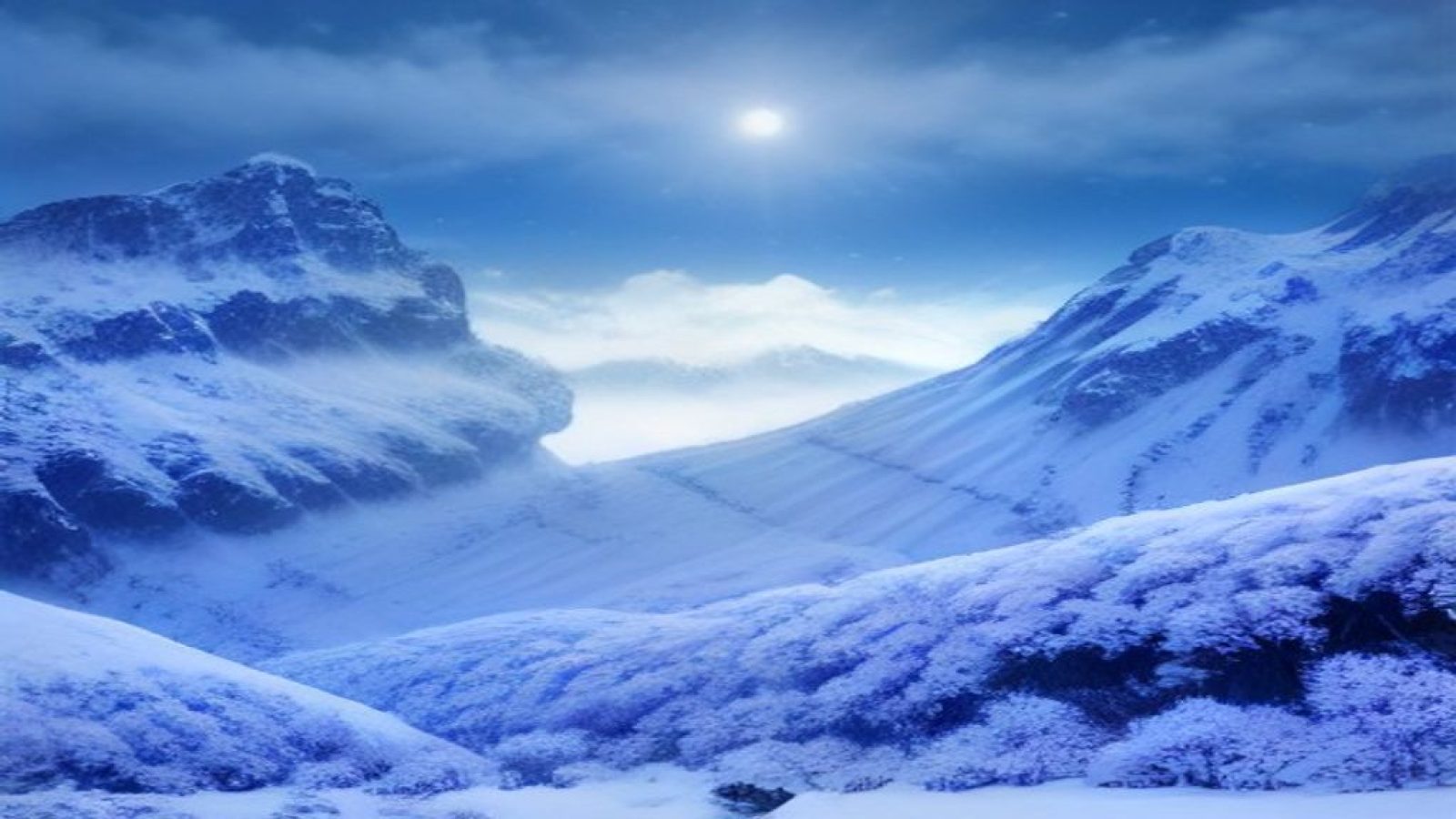 昆仑山巍峨雪峰下破晓时分的冷蓝色调融雪溪流实景，画面辽阔纯净，呼应昆仑雪产品灵感来源